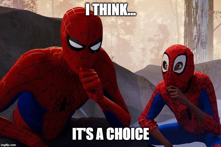 Peter Parker vs Miles Morales | I THINK... IT'S A CHOICE | image tagged in peter parker vs miles morales | made w/ Imgflip meme maker