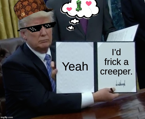 Trump Bill Signing Meme | Yeah; I'd frick a creeper. | image tagged in memes,trump bill signing | made w/ Imgflip meme maker