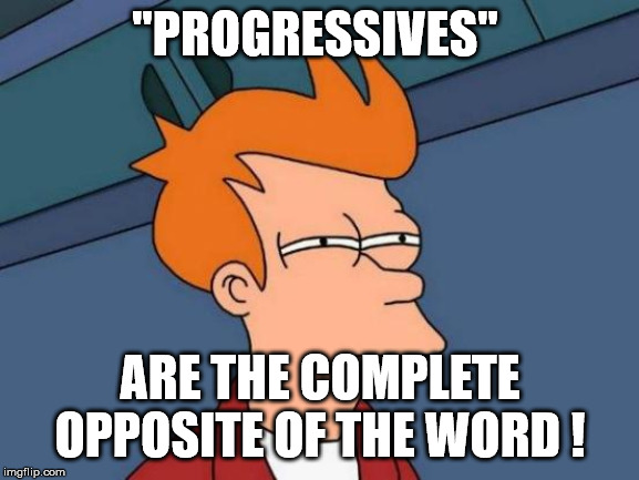 Futurama Fry | "PROGRESSIVES"; ARE THE COMPLETE OPPOSITE OF THE WORD ! | image tagged in memes,futurama fry | made w/ Imgflip meme maker