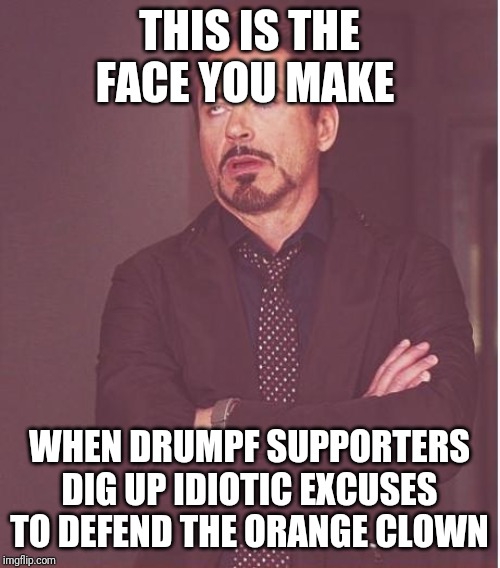 Face You Make Robert Downey Jr | THIS IS THE FACE YOU MAKE; WHEN DRUMPF SUPPORTERS DIG UP IDIOTIC EXCUSES TO DEFEND THE ORANGE CLOWN | image tagged in memes,face you make robert downey jr | made w/ Imgflip meme maker