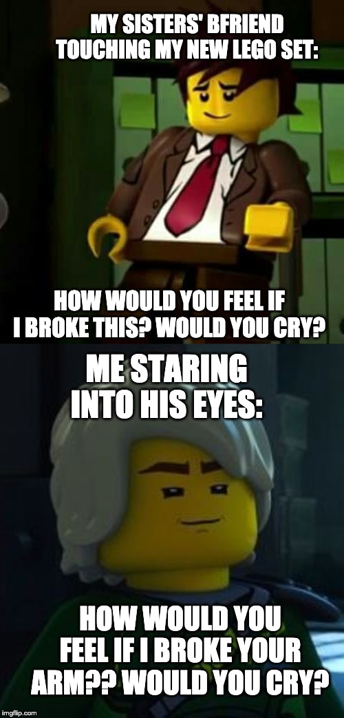 Don't Test me Dude!! | MY SISTERS' BFRIEND TOUCHING MY NEW LEGO SET:; HOW WOULD YOU FEEL IF I BROKE THIS? WOULD YOU CRY? ME STARING INTO HIS EYES:; HOW WOULD YOU FEEL IF I BROKE YOUR ARM?? WOULD YOU CRY? | image tagged in ninjago,mysistersboyfriend | made w/ Imgflip meme maker