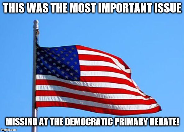 American flag | THIS WAS THE MOST IMPORTANT ISSUE; MISSING AT THE DEMOCRATIC PRIMARY DEBATE! | image tagged in american flag | made w/ Imgflip meme maker