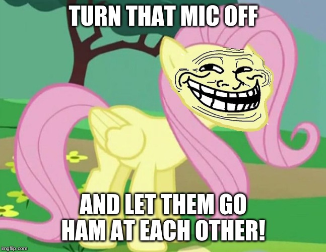 Fluttertroll | TURN THAT MIC OFF AND LET THEM GO HAM AT EACH OTHER! | image tagged in fluttertroll | made w/ Imgflip meme maker