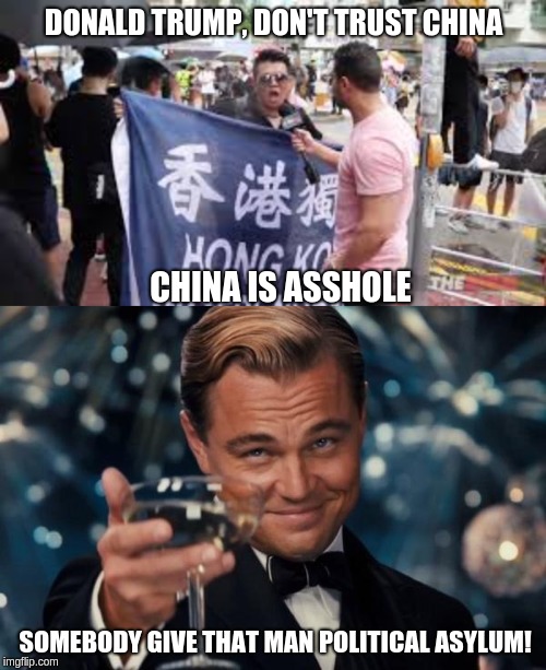 DONALD TRUMP, DON'T TRUST CHINA; CHINA IS ASSHOLE; SOMEBODY GIVE THAT MAN POLITICAL ASYLUM! | image tagged in memes,leonardo dicaprio cheers | made w/ Imgflip meme maker