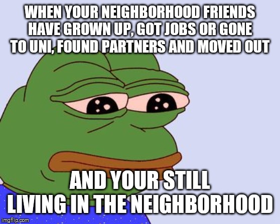 I experienced this. Most of my neighborhood friends from my childhood have moved away and grew up without me | WHEN YOUR NEIGHBORHOOD FRIENDS HAVE GROWN UP, GOT JOBS OR GONE TO UNI, FOUND PARTNERS AND MOVED OUT; AND YOUR STILL LIVING IN THE NEIGHBORHOOD | image tagged in pepe the frog,memes | made w/ Imgflip meme maker