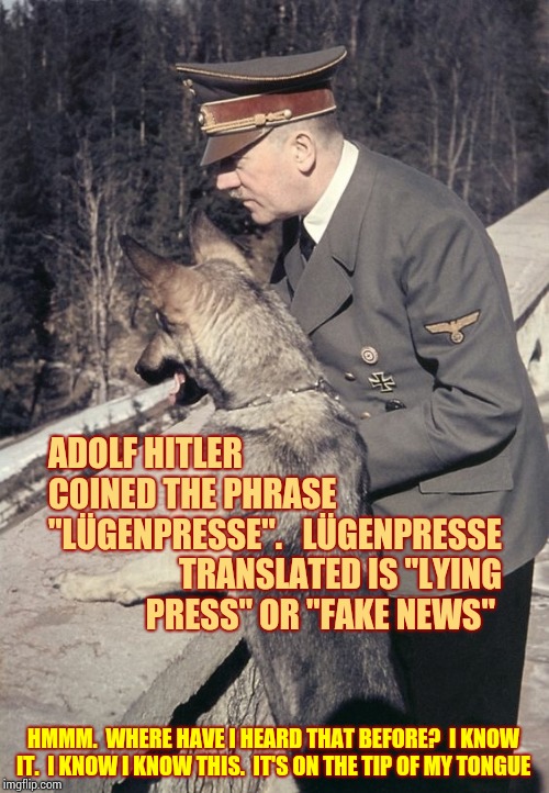 Stable Genuis | ADOLF HITLER COINED THE PHRASE "LÜGENPRESSE". LÜGENPRESSE TRANSLATED IS "LYING PRESS" OR "FAKE NEWS"; HMMM.  WHERE HAVE I HEARD THAT BEFORE?  I KNOW IT.  I KNOW I KNOW THIS.  IT'S ON THE TIP OF MY TONGUE | image tagged in hitler trump,stable genius,detestable donald,trump unfit unqualified dangerous,liar in chief,memes | made w/ Imgflip meme maker