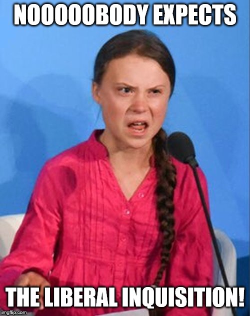 Manbearpig has destroyed my childhood! Now where's my Chucky doll? | NOOOOOBODY EXPECTS; THE LIBERAL INQUISITION! | image tagged in greta thunberg how dare you,global warming,butthurt liberals,cute puppies,kittens | made w/ Imgflip meme maker