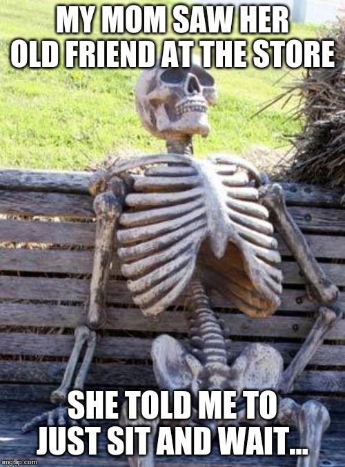 Waiting Skeleton | MY MOM SAW HER OLD FRIEND AT THE STORE; SHE TOLD ME TO JUST SIT AND WAIT... | image tagged in memes,waiting skeleton | made w/ Imgflip meme maker