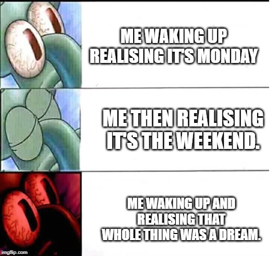 triggered Squidward sleep | ME WAKING UP REALISING IT'S MONDAY; ME THEN REALISING IT'S THE WEEKEND. ME WAKING UP AND REALISING THAT WHOLE THING WAS A DREAM. | image tagged in triggered squidward sleep | made w/ Imgflip meme maker