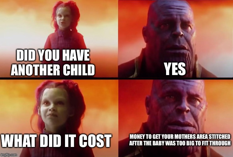 thanos what did it cost | DID YOU HAVE ANOTHER CHILD; YES; WHAT DID IT COST; MONEY TO GET YOUR MOTHERS AREA STITCHED AFTER THE BABY WAS TOO BIG TO FIT THROUGH | image tagged in thanos what did it cost | made w/ Imgflip meme maker