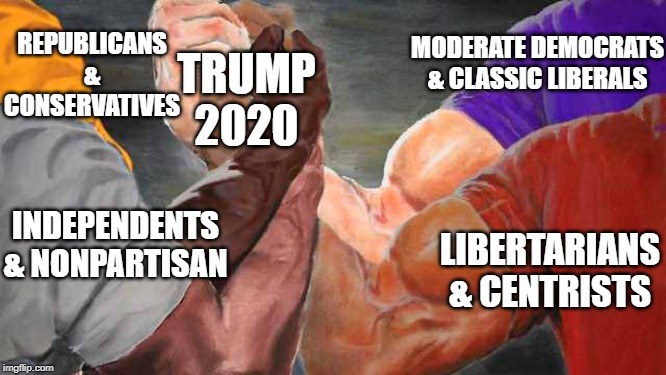 Looks like it's going that way. | REPUBLICANS & CONSERVATIVES; MODERATE DEMOCRATS & CLASSIC LIBERALS; TRUMP
2020; INDEPENDENTS & NONPARTISAN; LIBERTARIANS & CENTRISTS | image tagged in four arm handshake | made w/ Imgflip meme maker