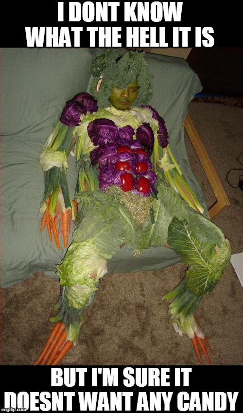 VEGETABLE MAN | I DONT KNOW WHAT THE HELL IT IS; BUT I'M SURE IT DOESNT WANT ANY CANDY | image tagged in vegetarian,wtf,halloween | made w/ Imgflip meme maker