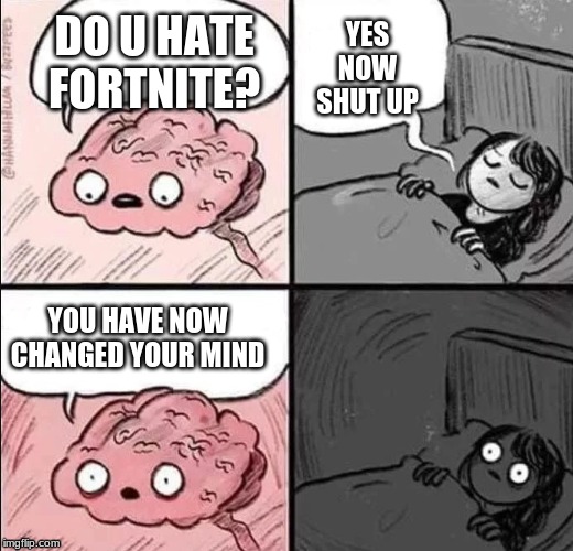 YES NOW SHUT UP; DO U HATE FORTNITE? YOU HAVE NOW CHANGED YOUR MIND | image tagged in waking up brain | made w/ Imgflip meme maker