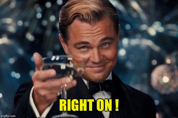 Leonardo Dicaprio Cheers Meme | RIGHT ON ! | image tagged in memes,leonardo dicaprio cheers | made w/ Imgflip meme maker