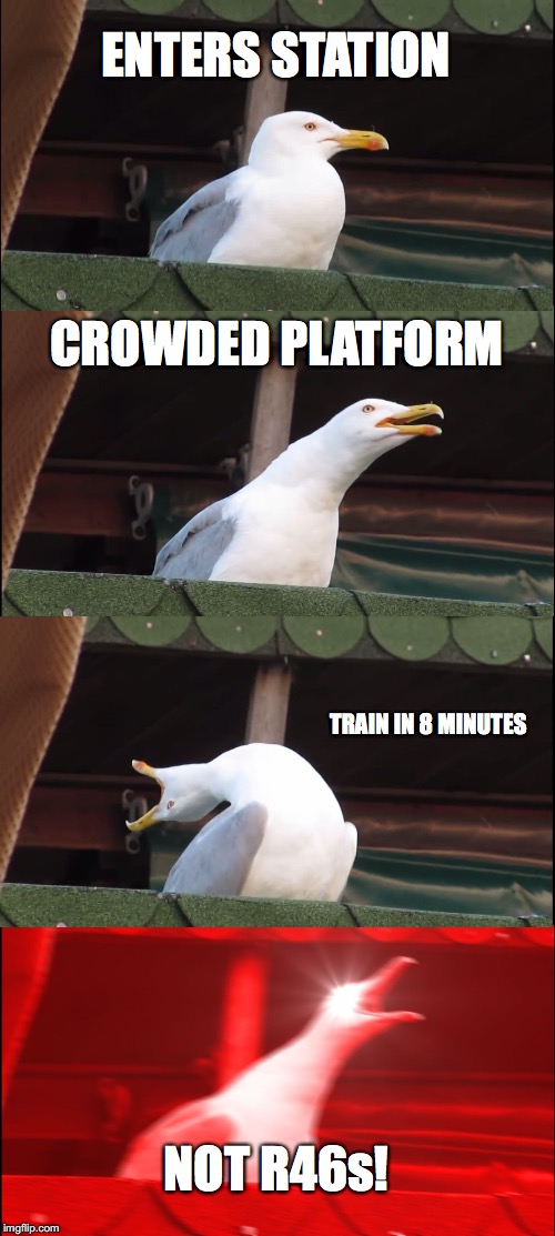 Inhaling Seagull Meme | ENTERS STATION; CROWDED PLATFORM; TRAIN IN 8 MINUTES; NOT R46s! | image tagged in memes,inhaling seagull | made w/ Imgflip meme maker