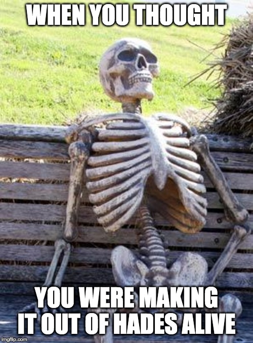Waiting Skeleton Meme | WHEN YOU THOUGHT; YOU WERE MAKING IT OUT OF HADES ALIVE | image tagged in memes,waiting skeleton | made w/ Imgflip meme maker