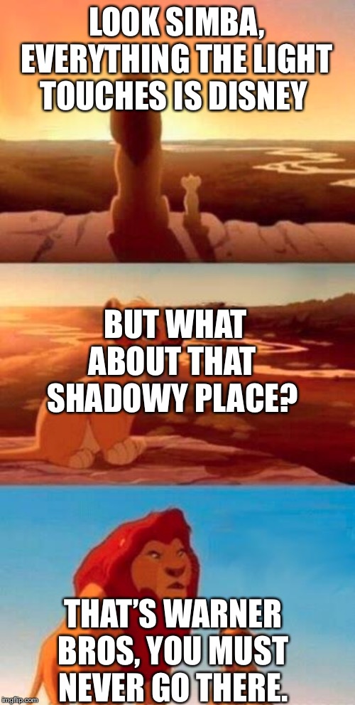 Everything the Light Touches | LOOK SIMBA, EVERYTHING THE LIGHT TOUCHES IS DISNEY; BUT WHAT ABOUT THAT SHADOWY PLACE? THAT’S WARNER BROS, YOU MUST NEVER GO THERE. | image tagged in everything the light touches | made w/ Imgflip meme maker