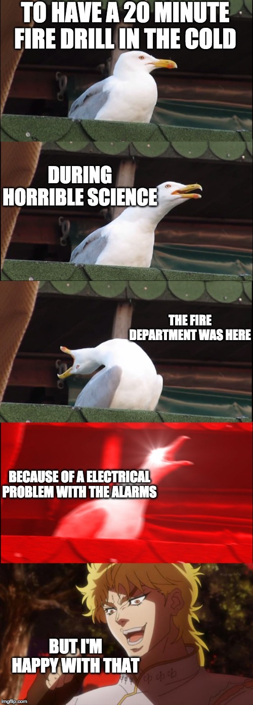 Happened to me on 10/16/2019 | TO HAVE A 20 MINUTE FIRE DRILL IN THE COLD; DURING HORRIBLE SCIENCE; THE FIRE DEPARTMENT WAS HERE; BECAUSE OF A ELECTRICAL PROBLEM WITH THE ALARMS; BUT I'M HAPPY WITH THAT | image tagged in but it was me dio,memes,inhaling seagull,i'm good with that,fire drill | made w/ Imgflip meme maker
