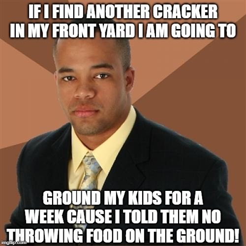 Nasty Crackers | IF I FIND ANOTHER CRACKER IN MY FRONT YARD I AM GOING TO; GROUND MY KIDS FOR A WEEK CAUSE I TOLD THEM NO THROWING FOOD ON THE GROUND! | image tagged in memes,successful black man | made w/ Imgflip meme maker