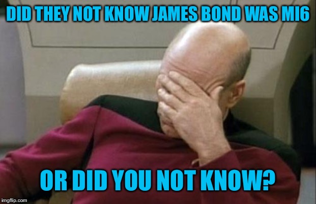 Captain Picard Facepalm Meme | DID THEY NOT KNOW JAMES BOND WAS MI6 OR DID YOU NOT KNOW? | image tagged in memes,captain picard facepalm | made w/ Imgflip meme maker