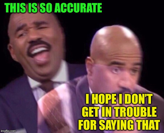 Steve Harvey Laughing Serious | THIS IS SO ACCURATE I HOPE I DON’T GET IN TROUBLE FOR SAYING THAT | image tagged in steve harvey laughing serious | made w/ Imgflip meme maker