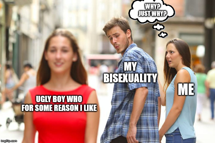 Distracted Boyfriend | WHY? JUST WHY? MY BISEXUALITY; ME; UGLY BOY WHO FOR SOME REASON I LIKE | image tagged in memes,distracted boyfriend | made w/ Imgflip meme maker