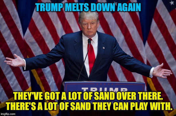 Meltdown | TRUMP MELTS DOWN AGAIN; THEY'VE GOT A LOT OF SAND OVER THERE.  THERE'S A LOT OF SAND THEY CAN PLAY WITH. | image tagged in donald trump | made w/ Imgflip meme maker