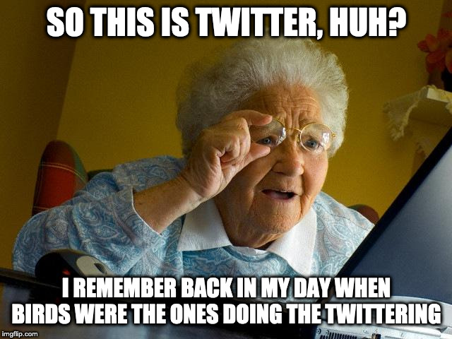 Grandma Finds The Internet | SO THIS IS TWITTER, HUH? I REMEMBER BACK IN MY DAY WHEN BIRDS WERE THE ONES DOING THE TWITTERING | image tagged in memes,grandma finds the internet | made w/ Imgflip meme maker