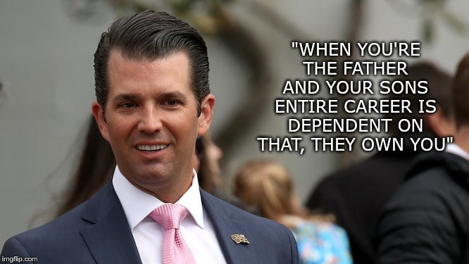 Self-Owned | "WHEN YOU'RE THE FATHER AND YOUR SONS ENTIRE CAREER IS DEPENDENT ON THAT, THEY OWN YOU" | image tagged in trump,trump jr,self-owned,morons,gop | made w/ Imgflip meme maker