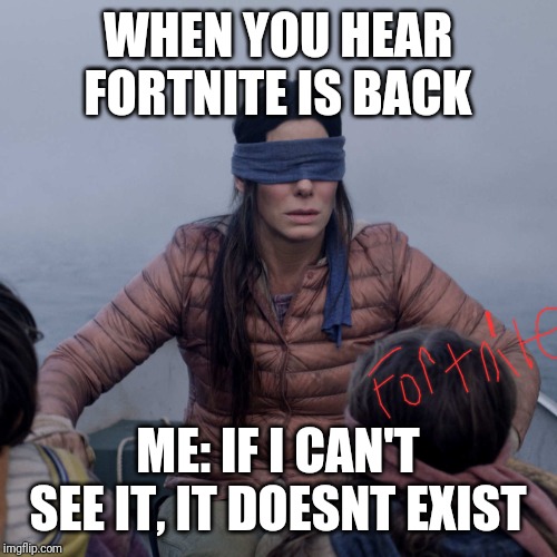 Bird Box | WHEN YOU HEAR FORTNITE IS BACK; ME: IF I CAN'T SEE IT, IT DOESNT EXIST | image tagged in memes,bird box | made w/ Imgflip meme maker