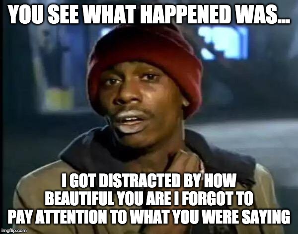 Y'all Got Any More Of That | YOU SEE WHAT HAPPENED WAS... I GOT DISTRACTED BY HOW BEAUTIFUL YOU ARE I FORGOT TO PAY ATTENTION TO WHAT YOU WERE SAYING | image tagged in memes,y'all got any more of that | made w/ Imgflip meme maker