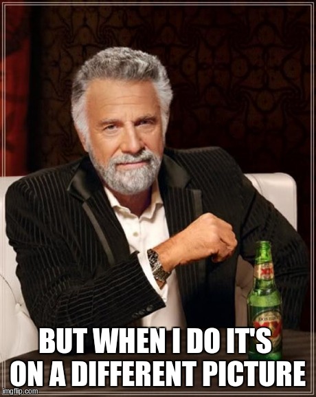 The Most Interesting Man In The World Meme | BUT WHEN I DO IT'S ON A DIFFERENT PICTURE | image tagged in memes,the most interesting man in the world | made w/ Imgflip meme maker