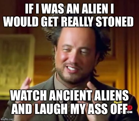 Stoned alien | IF I WAS AN ALIEN I WOULD GET REALLY STONED; WATCH ANCIENT ALIENS AND LAUGH MY ASS OFF | image tagged in funny memes | made w/ Imgflip meme maker
