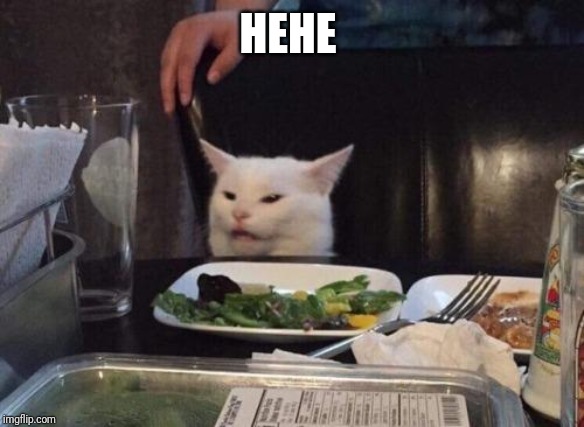 Cat at table | HEHE | image tagged in cat at table | made w/ Imgflip meme maker