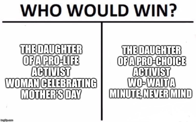 Who Would Win? | THE DAUGHTER OF A PRO-LIFE ACTIVIST WOMAN CELEBRATING MOTHER’S DAY; THE DAUGHTER OF A PRO-CHOICE ACTIVIST WO- WAIT A MINUTE, NEVER MIND | image tagged in memes,who would win | made w/ Imgflip meme maker