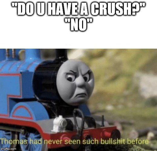 Thomas had never seen such bullshit before | "DO U HAVE A CRUSH?"
"NO" | image tagged in thomas had never seen such bullshit before | made w/ Imgflip meme maker