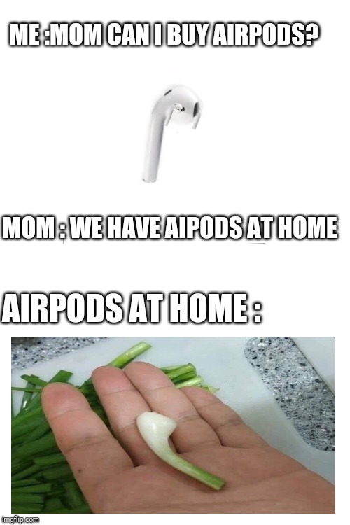Airpods at home | ME :MOM CAN I BUY AIRPODS? MOM : WE HAVE AIPODS AT HOME; AIRPODS AT HOME : | image tagged in blank white template,airpods,meme,mom can we have | made w/ Imgflip meme maker