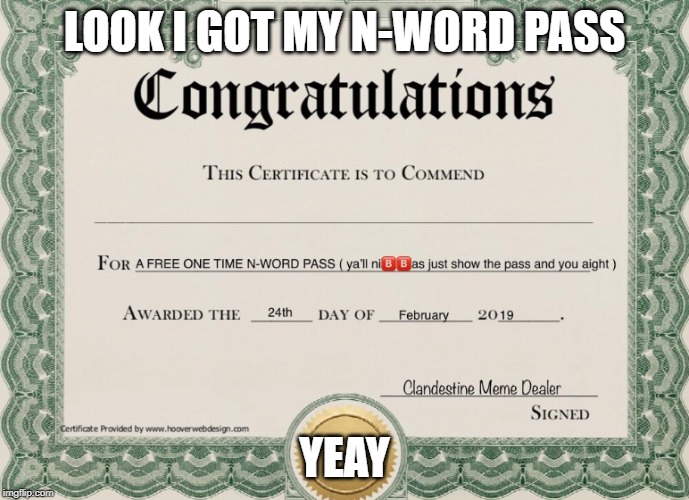 N word pass | LOOK I GOT MY N-WORD PASS; YEAY | image tagged in n word pass | made w/ Imgflip meme maker