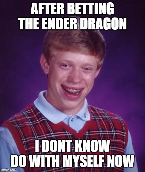 Bad Luck Brian | AFTER BETTING THE ENDER DRAGON; I DONT KNOW DO WITH MYSELF NOW | image tagged in memes,bad luck brian | made w/ Imgflip meme maker