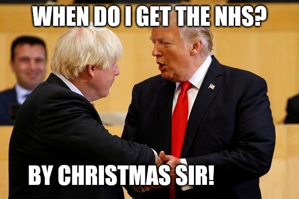 TRUMPEXIT | WHEN DO I GET THE NHS? BY CHRISTMAS SIR! | image tagged in donald trump,boris johnson,brexit,trump,funny memes,boris | made w/ Imgflip meme maker