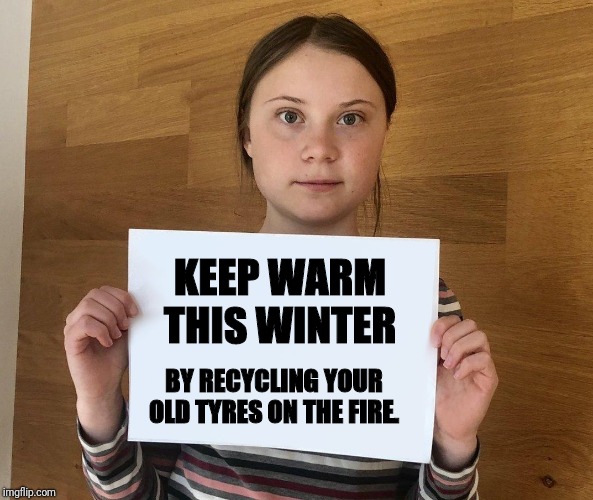 Greta | KEEP WARM THIS WINTER; BY RECYCLING YOUR OLD TYRES ON THE FIRE. | image tagged in greta | made w/ Imgflip meme maker