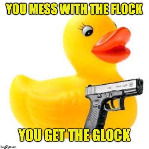 If you mess with me, then duck you! | YOU MESS WITH THE FLOCK; YOU GET THE GLOCK | image tagged in rubber ducky glock | made w/ Imgflip meme maker