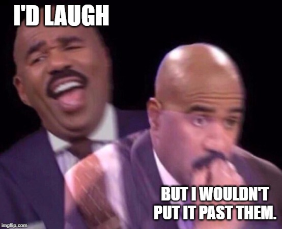 Steve Harvey Laughing Serious | I'D LAUGH BUT I WOULDN'T PUT IT PAST THEM. | image tagged in steve harvey laughing serious | made w/ Imgflip meme maker