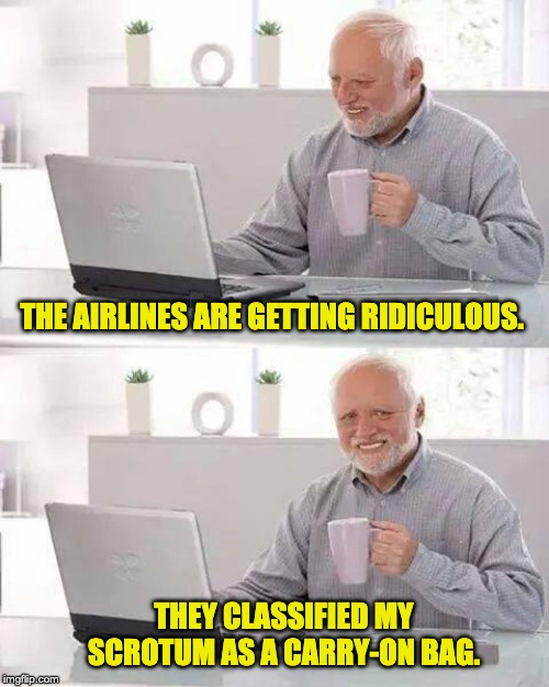 Hide the Pain Harold Meme | THE AIRLINES ARE GETTING RIDICULOUS. THEY CLASSIFIED MY SCROTUM AS A CARRY-ON BAG. | image tagged in memes,hide the pain harold | made w/ Imgflip meme maker