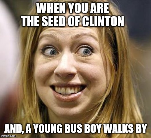 Chelsea Clinton-nut doesn't fall far from the tree | WHEN YOU ARE THE SEED OF CLINTON; AND, A YOUNG BUS BOY WALKS BY | image tagged in chelsea clinton,memes,funny memes | made w/ Imgflip meme maker