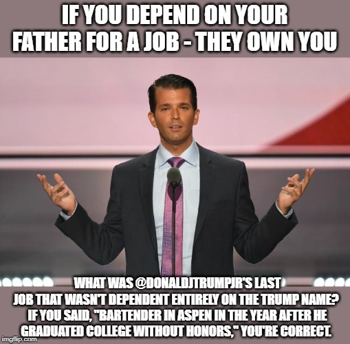 Family of creeps | IF YOU DEPEND ON YOUR FATHER FOR A JOB - THEY OWN YOU; WHAT WAS @DONALDJTRUMPJR'S LAST JOB THAT WASN'T DEPENDENT ENTIRELY ON THE TRUMP NAME? 

IF YOU SAID, "BARTENDER IN ASPEN IN THE YEAR AFTER HE GRADUATED COLLEGE WITHOUT HONORS," YOU'RE CORRECT. | image tagged in donald trump jr,impeach trump,maga,politics | made w/ Imgflip meme maker