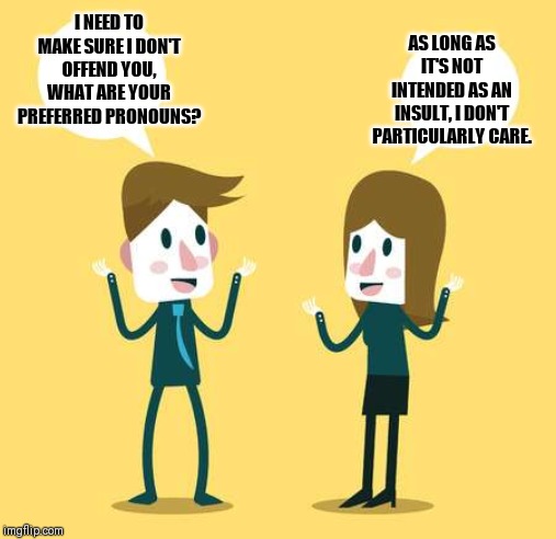 Two People Talking | AS LONG AS IT'S NOT INTENDED AS AN INSULT, I DON'T PARTICULARLY CARE. I NEED TO MAKE SURE I DON'T OFFEND YOU, WHAT ARE YOUR PREFERRED PRONOUNS? | image tagged in two people talking | made w/ Imgflip meme maker