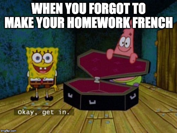 Okay Get In | WHEN YOU FORGOT TO MAKE YOUR HOMEWORK FRENCH | image tagged in okay get in | made w/ Imgflip meme maker