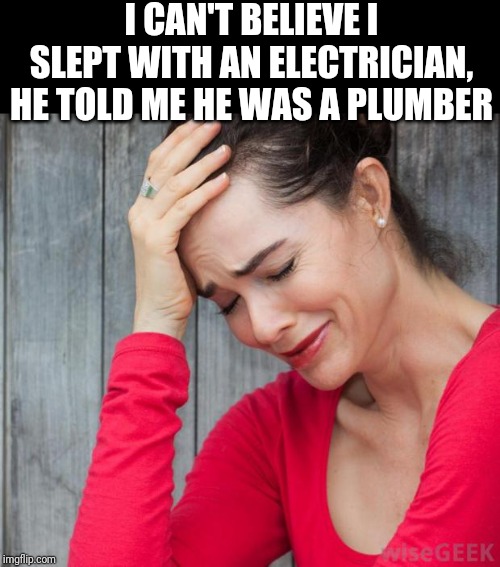 Thparky & Redbarron1 :) | I CAN'T BELIEVE I SLEPT WITH AN ELECTRICIAN, HE TOLD ME HE WAS A PLUMBER | image tagged in woman crying | made w/ Imgflip meme maker
