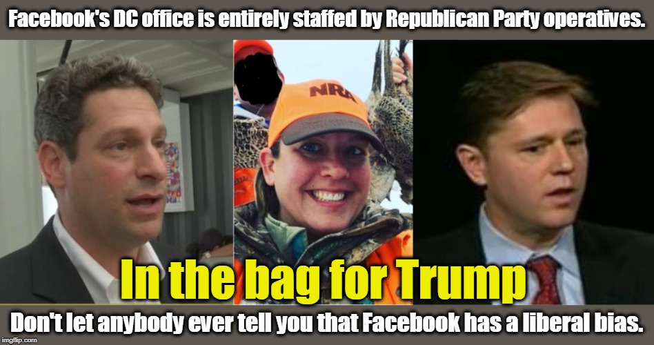 Facebook is solidly GOP. | Facebook's DC office is entirely staffed by Republican Party operatives. In the bag for Trump; Don't let anybody ever tell you that Facebook has a liberal bias. | image tagged in facebook,liberal bias,conservative bias,tru,trump | made w/ Imgflip meme maker